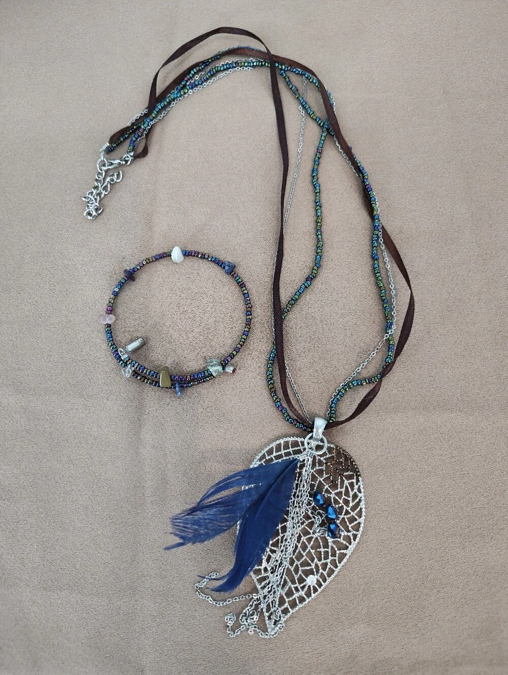 Bohemian Blue Feather Pendant Necklace with Beaded Bracelet Set